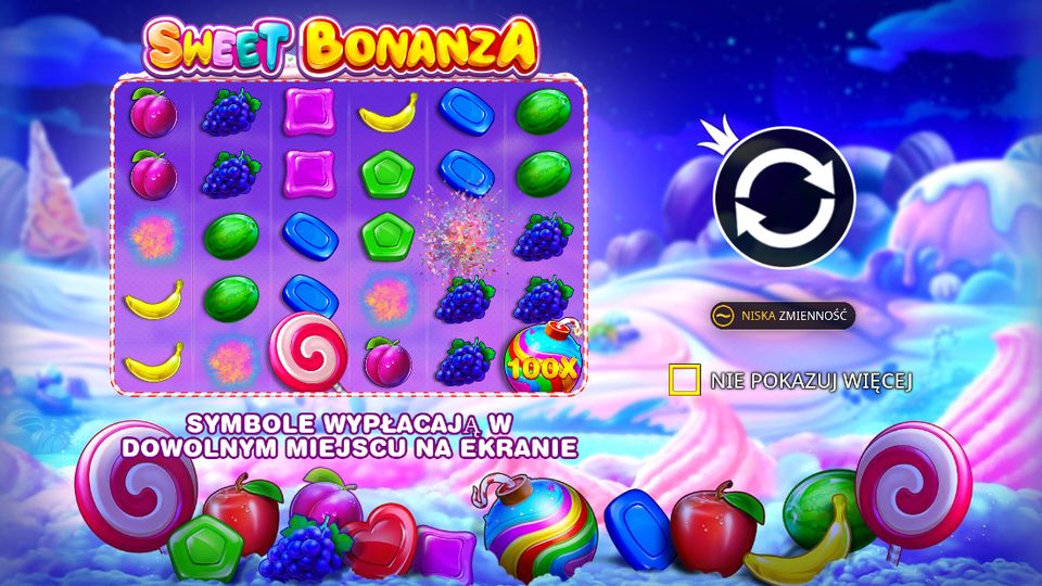 Ekran startowy Sweet Bonanza: cukierkowa kraina, bomby 100x i fioletowe pole