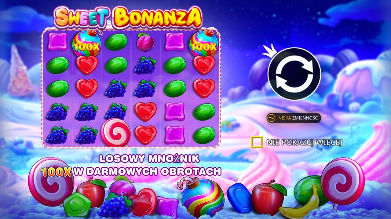 Ekran startowy Sweet Bonanza: napis „Wygraj ponad 21,100x zakład” i oznaczenie niskiej zmienności