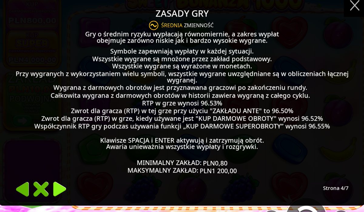 Ekran zasad Sweet Bonanza 1000 w demo: RTP 96,53%, ante 96,50%, kupno 96,52% i 96,55%, zmienność średnia