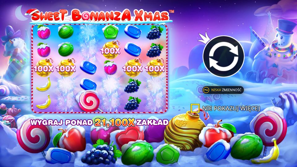 Ekran startowy Sweet Bonanza Xmas w demo po polsku: nocne zimowe niebo, śnieg na symbolach i bałwan